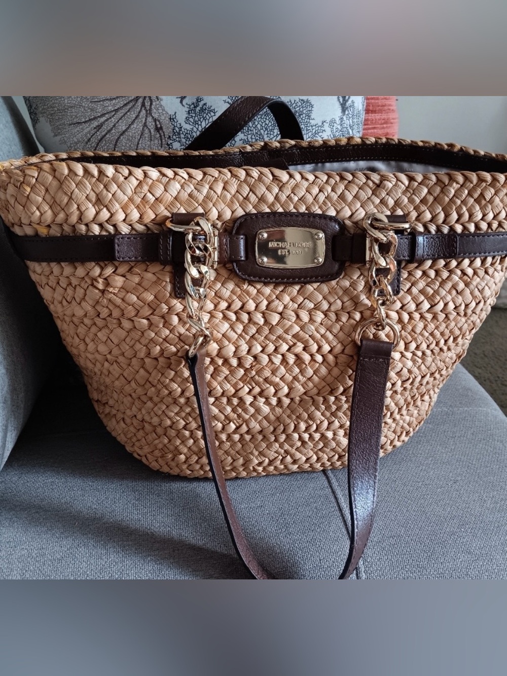 Michael Kors Natural Straw Tote with Dark Brown Leather Trim and Gold Hardware - Picture 2 of 11